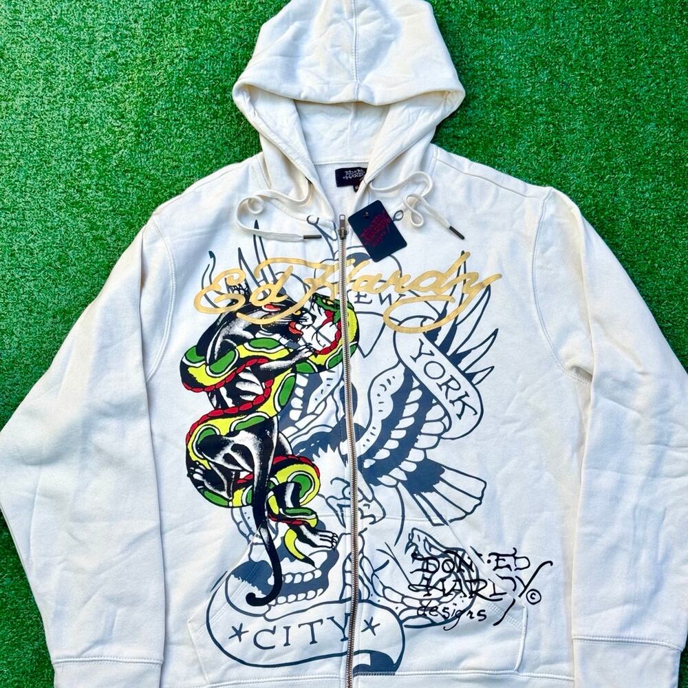 Ed Hardy New York City Ivory Zip Up Hoodie Tattoo Eagle Snake Skull Motif Rare.